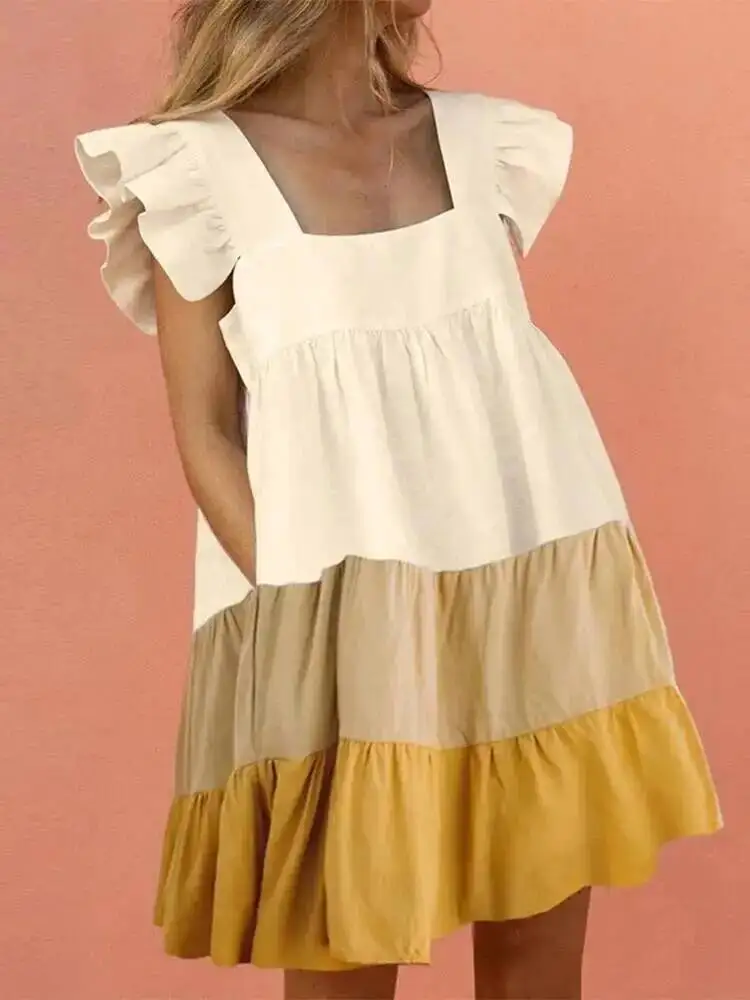 Minivestido con volantes para mujer, Vestidos bonitos con cuello cuadrado y bolsillos, Vestidos elegantes con manga de mariposa para fiesta en la playa, Vestidos femeninos ZU4Y