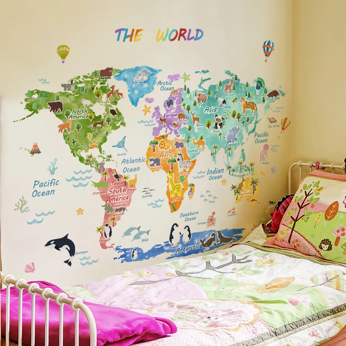 ENGLISH THE WORLD Animal Distribution Decorative Map Bedroom Children's Room Kindergarten Decorative Sticker