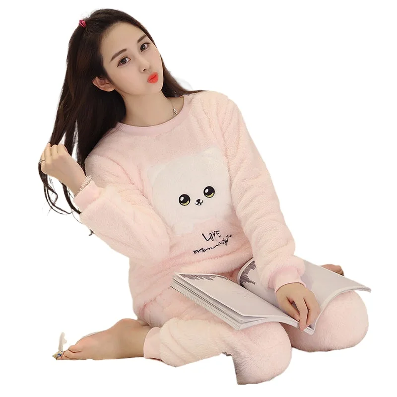 New Autumn Winter Warm Flannel Women Pyjamas Sets Thick Coral Velvet Long Sleeve Cartoon Sleepwear Flannel Pajamas Set Girl