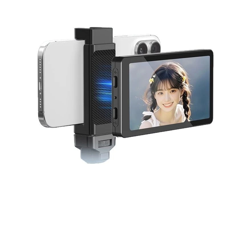 mobile phone rear selfie display, small oral broadcast invisible, live teleprompter