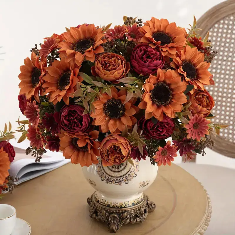 

4Pcs Sunflowers peony Artificial Flowers Fall Summer Decor Fake Fall Flowers Silk Faux Sunflower Bouquet