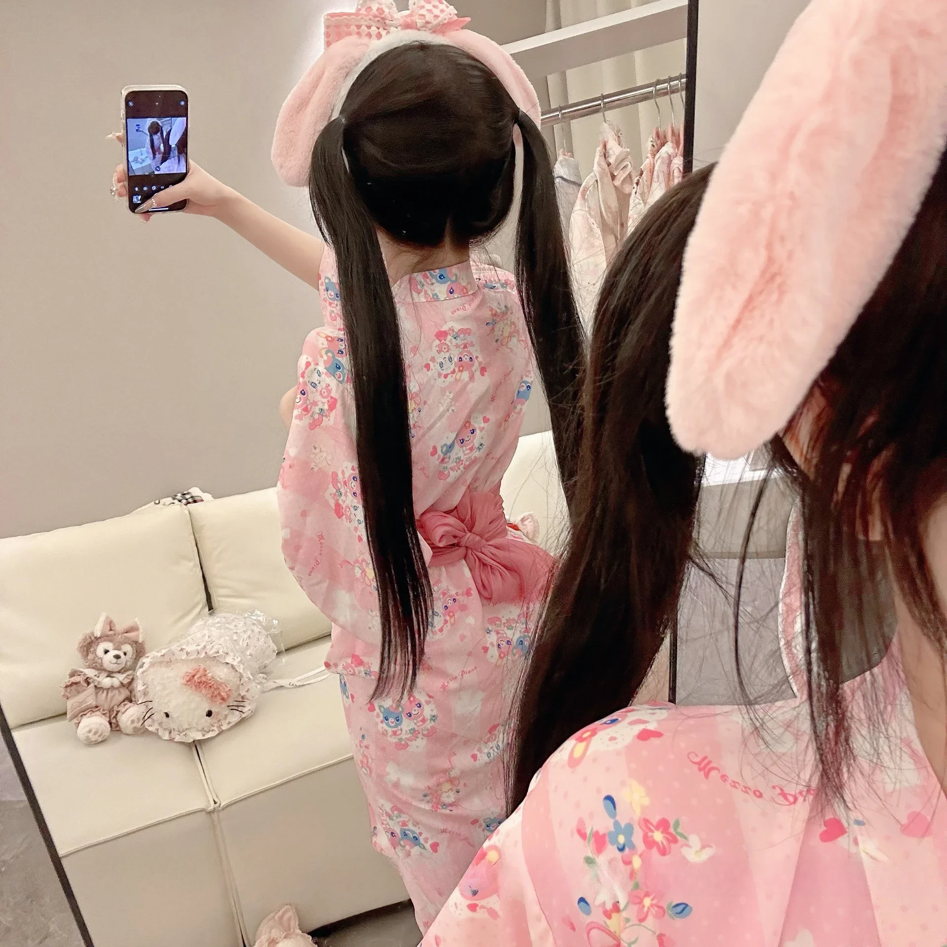 Pink Yukata Japanese Style Sweet Bathrobe Cartoon Robes with Belt Kimono Nightgown Pajama Sets Girls Home Clothes Costume