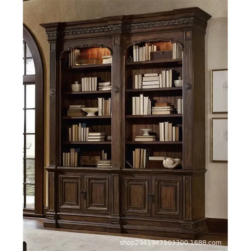 Retro Solid Wood Bookcase with Ladder Carved Study Display Cabinet Four Door Storage Locker Furniture for Home