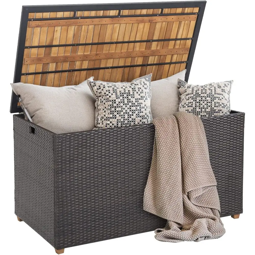 

Large 134 Gallon Outdoor Wicker Deck Box with Acacia Wood Top, Zippered Liner, and Easy-Open Pneumatic Rod for Patio Storage