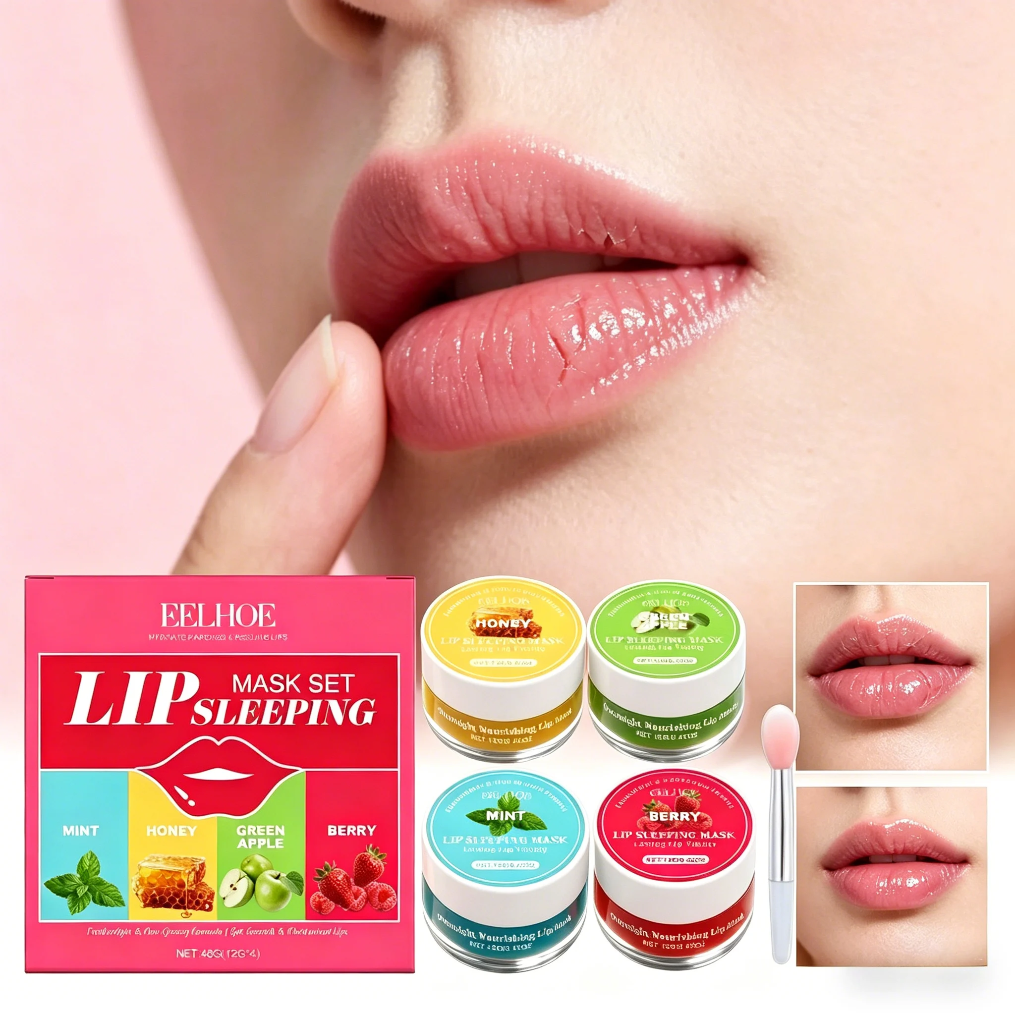 4Pcs Lip Care Kit with Brush, Overnight Moisturizing Lip Mask Softening Lip Scrub & Daily Balm Set, Portable Lip Nourishment