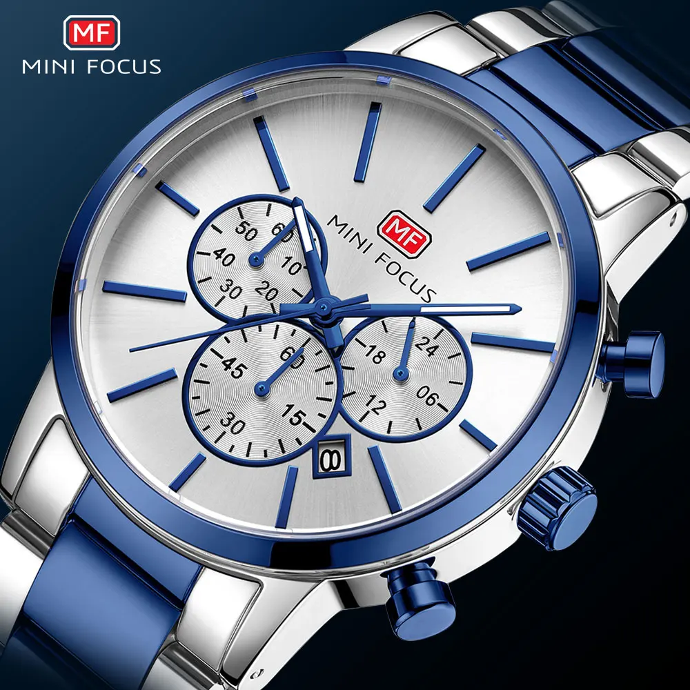 

MINI FOCUS 0294G Роскошные кварцевые мужские часы со стальной полосой, хронограф, календарь, водонепроницаемые светящиеся часы для мужчин, Reloj Hombre