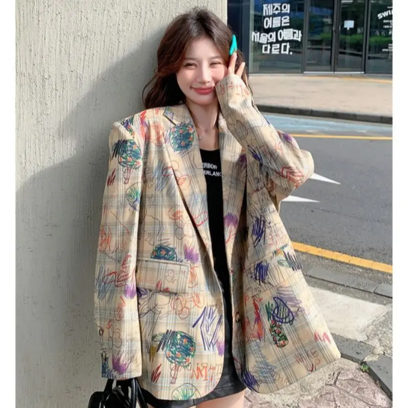

Fashion Graffiti Grid Blazer Jacket for Women Spring and Autumn 2026 New Casual Design Style Suit for Women
