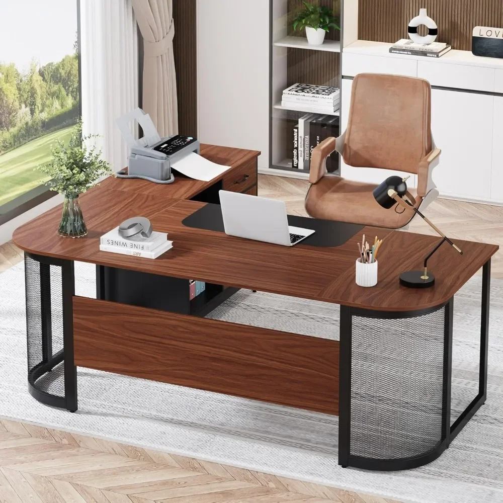 

63" Executive Desk, L-Shaped Desk with Drawer Cabinet, Large Corner Executive Office Desk with Storage Shelves