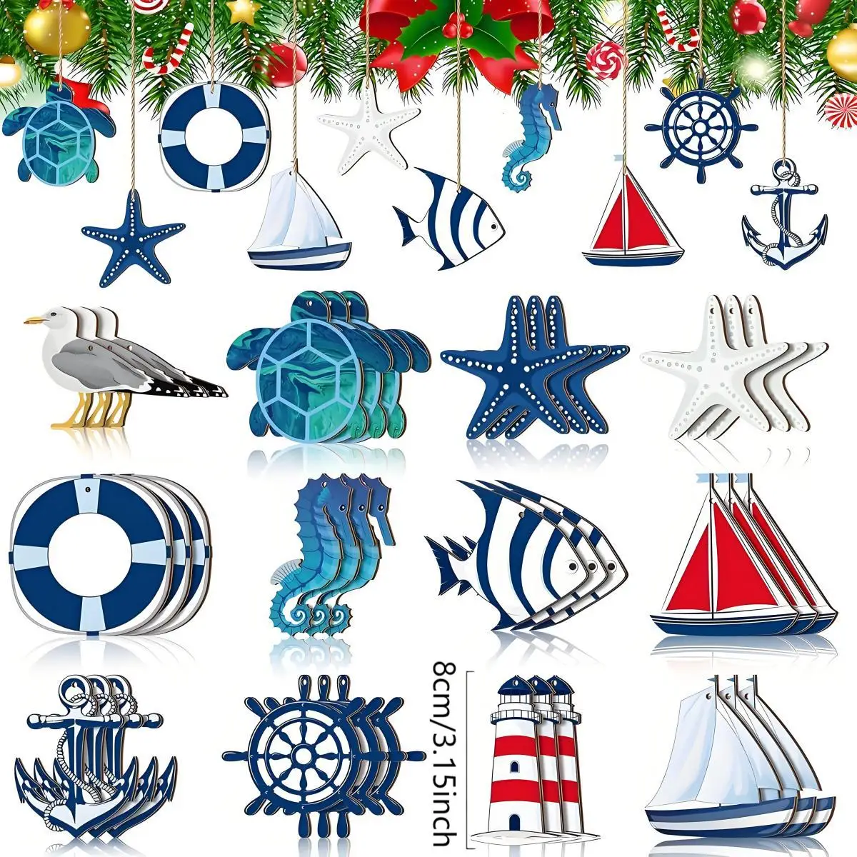 24 unids/set de decoraciones colgantes de verano, estilo náutico, decoraciones de árboles de playa de madera, decoraciones colgantes para el hogar, decoración de fiesta en la piscina