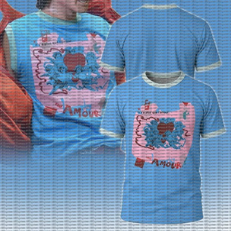 French Retro Cupid Angel Love Print Border T-shirt AMOUR French Color Blocked Blue Short Sleeved Couple Top
