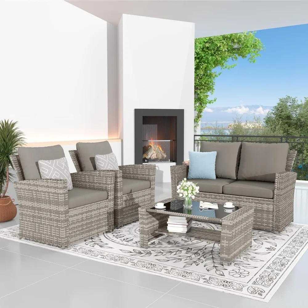 Patio Furniture Set of 4, Outdoor Sofa Set with Glass Top Table, Grey Rattan Sofa Chair with Grey Cushions Sectional Sofa