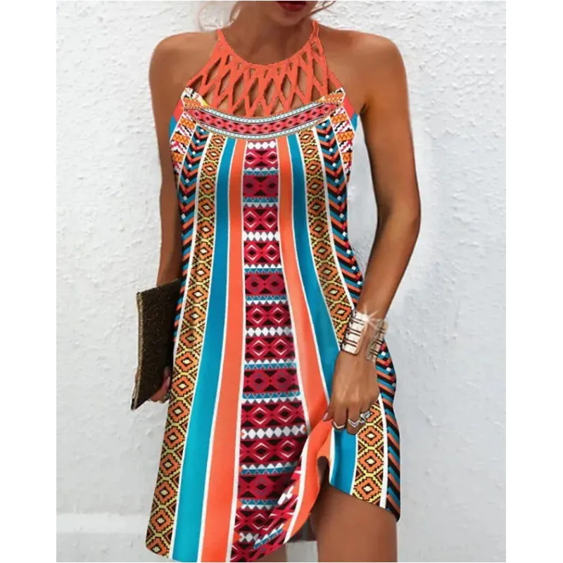 

Summer Women's Dress O-neck Hollow Design Sense Halter Neck Fashion Printed Vacation Beach Hot Girl Mini Skirt