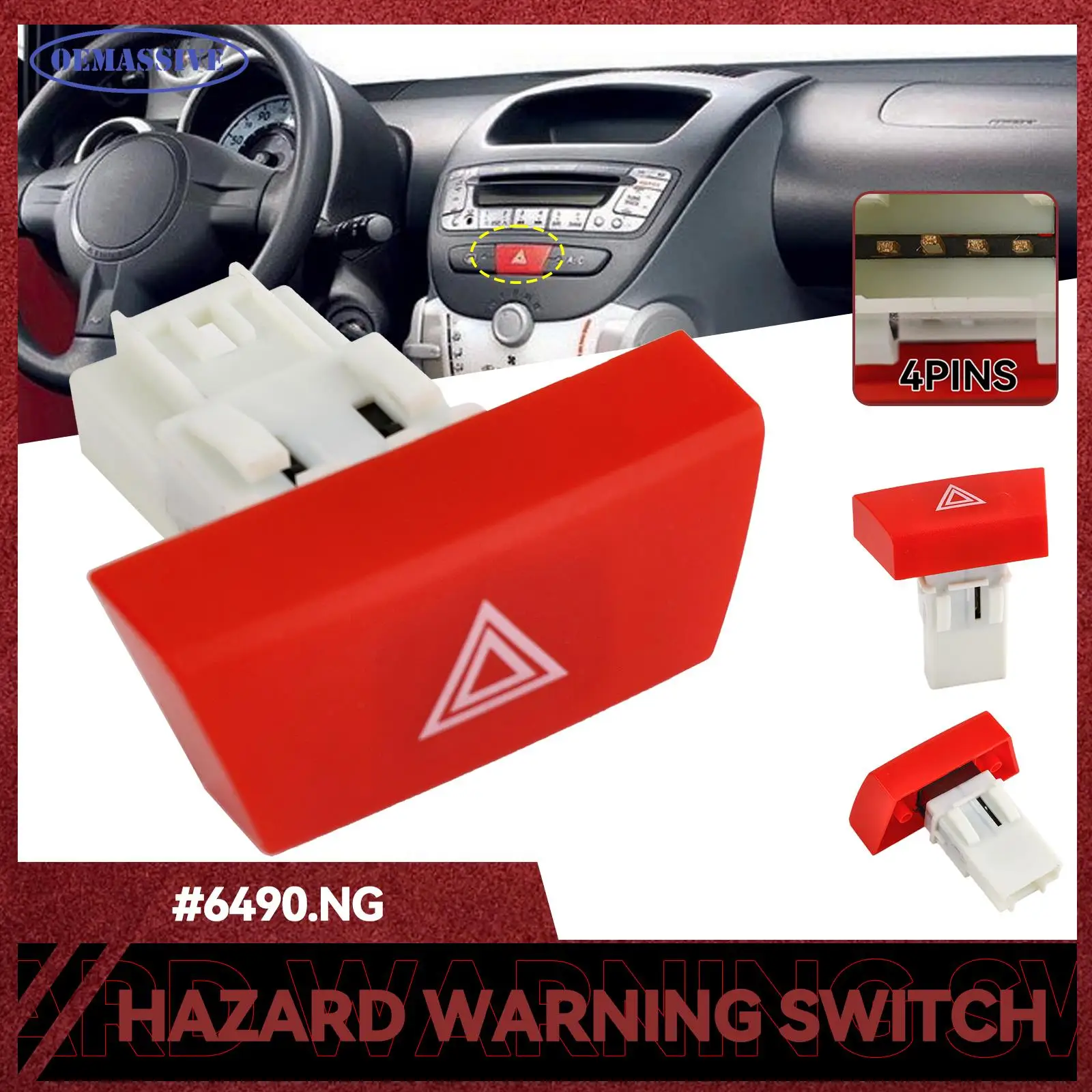 OEMASSIVE Car Warning Hazard Indicator Light Control Button Lamp Switch Parts 6490.NG for Citroen C1 Peugeot 107 Toyota Aygo Mk1