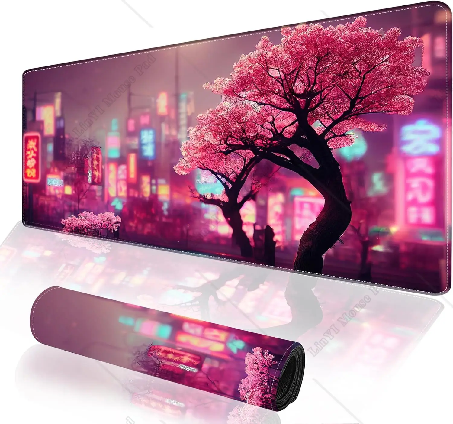 

Japanese Night View Pink Cherry Gaming Desk Mat with Seamed Edges Non-Slip Rubber Base Mousepad for Office Work 31.5x11.8 Inch