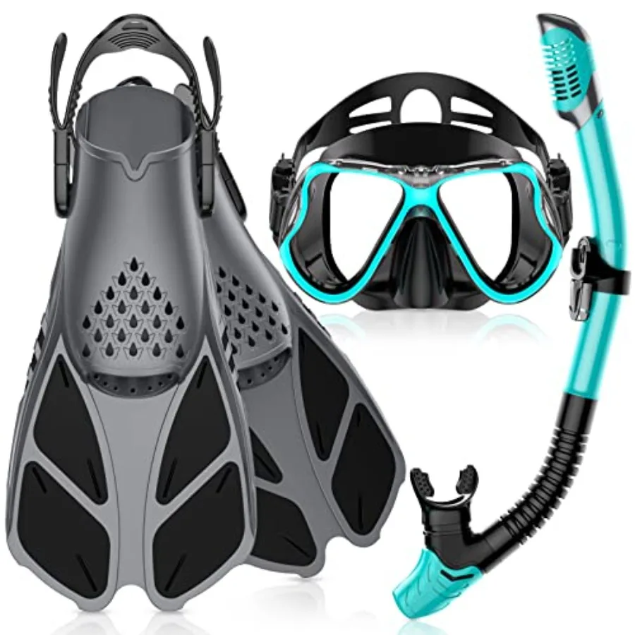 

Snorkeling Gear for Adult: Silicone Mask, Rubber Fins, Dry-Top Snorkel Set in Black-Green-Black, Lightweight Anti-Fog for Swimm