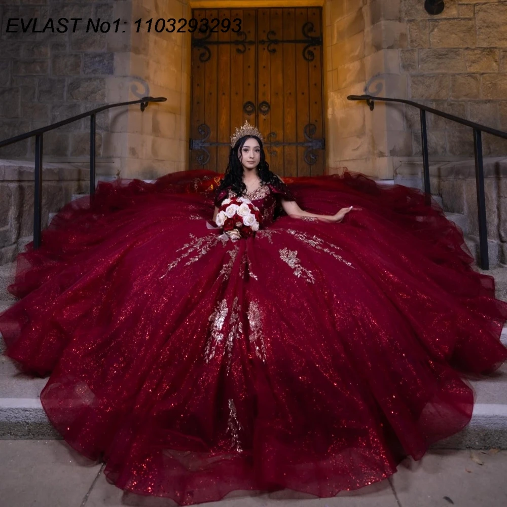 EVLAST Personalizado Glitter Borgonha Quinceanera Vestido de Baile Vestido de Renda Applique Cristal Frisado Doce 16 Vestidos De 15 Anos E1QN823