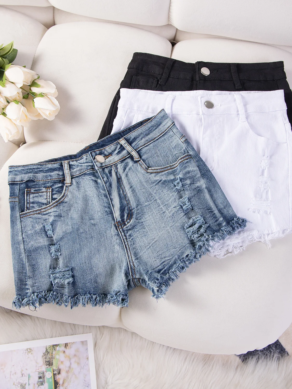 

High Waist Distred Denim orts Women Summer Slim Fit Waed out orts Trendy Cuffed Versatile Slimming Hot Pants