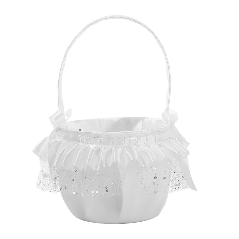 A Beautiful Flower Basket with Delicate White Design, Pearl Treatment and Silk Ribbon, Suitable for Weddings and Valentine's Day