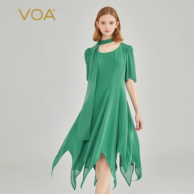 VOA 30 Momme Heavyweight Sandwashed Silk O-neck Bubble Short Sleeve Sharp Corner Dress Personalized Silk Summer Dress AE2118