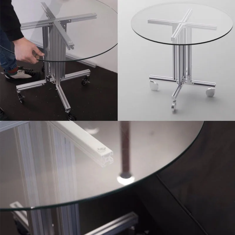 طاولة شاي بعجلات طاولة تفاوض قهوة متحركة من الألومنيوم حافة من الزجاج المقسى قليلة مستديرة #4