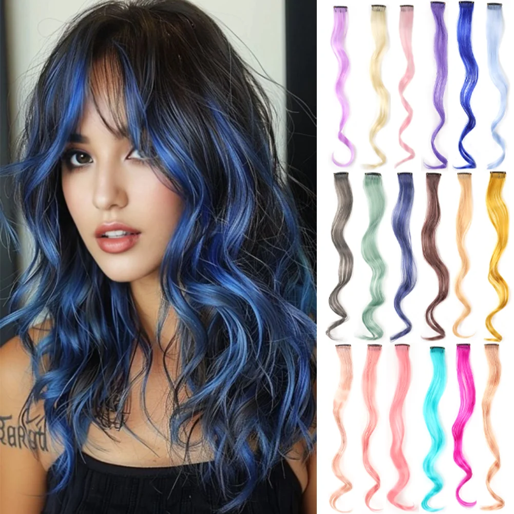 

8 Pack Curly Colored Hair Extensions 20 Inch Colourful Curly Wavy Party Highlights Clip in Synthetic Hairpieces for Women