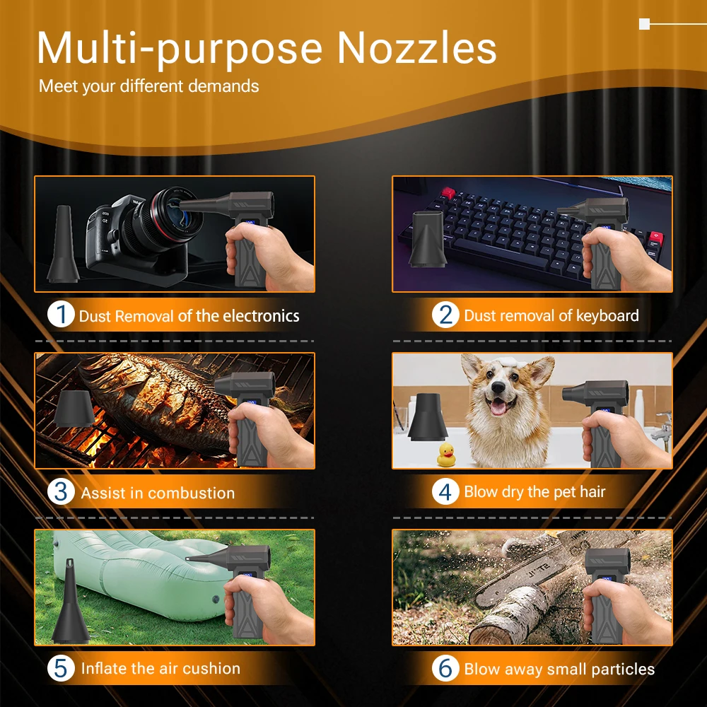 Высокоскоростной турбовентилятор 130000 об/мин, профессиональный комплект с 5 насадками и быстрой зарядкой через USB, очистка автомобиля/электронное удаление пыли/зажигание барбекю на открытом воздухе/многофункциональный пылеочиститель/снежный вентилятор, портативный ручной пылесос
