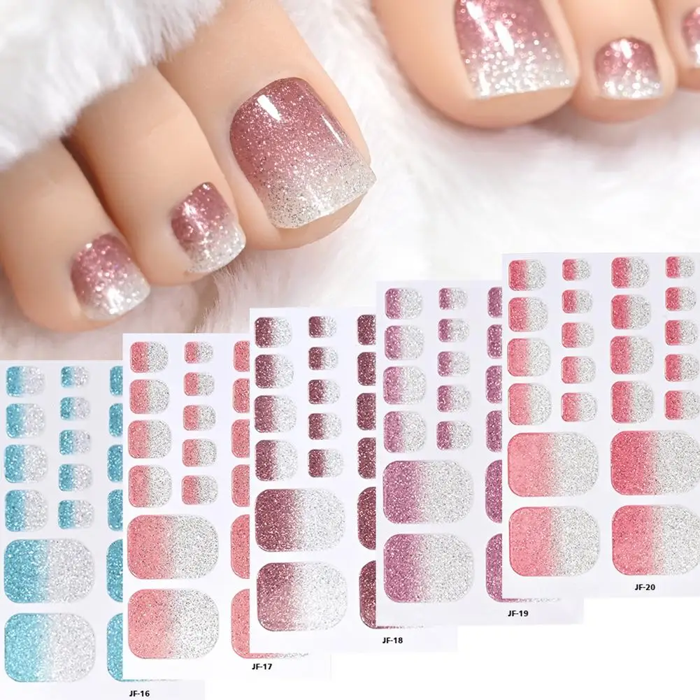 22tips/Sheet Glitter Toe Nail Stickers Toe nails Art Decals Manicure Full Cover Removable Adhesive DIY Nail Patch Decoration