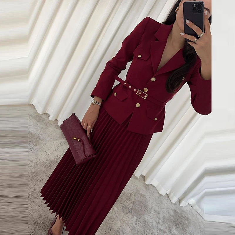 2025 Spring Long Sleeved Jacket and Skirt Suit Simple Solid Color Slim Commuting Outfit Elegant Temperament Slim Women's 2pc Set