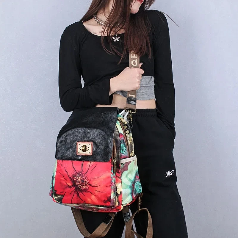 UKF Women Backpack Casual Laptop Shoulder Bag Female Printed Canvas with Leather Travel Backpacks New Ethnic Style Street Youth