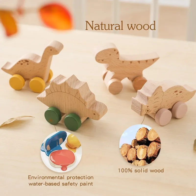 1PC Baby Wooden Toys Dinosaur Beech Wood Car Blocks Educational Montessori Toys Children Baby Teething Newborn Walnut Wooden Car