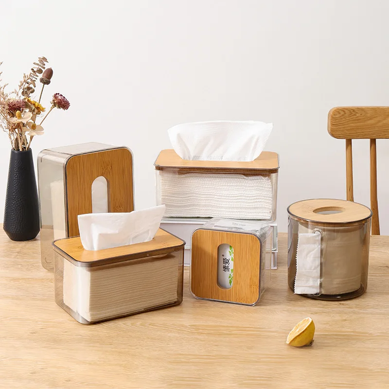 Plastic Tissue Box Wooden Lid Round/Square Napkin Holder Container Wet Tissue Paper Dispenser Case Modern Home Car Organizer