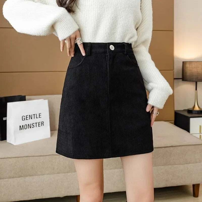 High-waist Slimming Half-skirt Women Autumn Winter Corduroy Bag A- line Skirt Cotton Material Short Length Korean Style