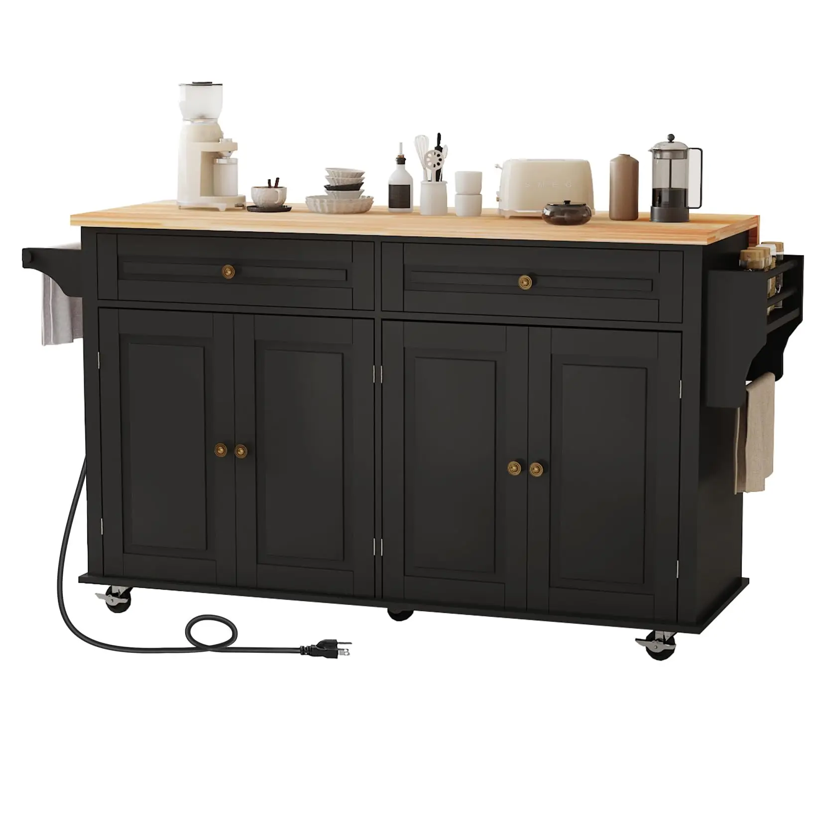 67’’ Movable Kitchen Island with Drop Leaf and Power Outlet, Lockable Sliding Countertop Rolling Island Cart with 2