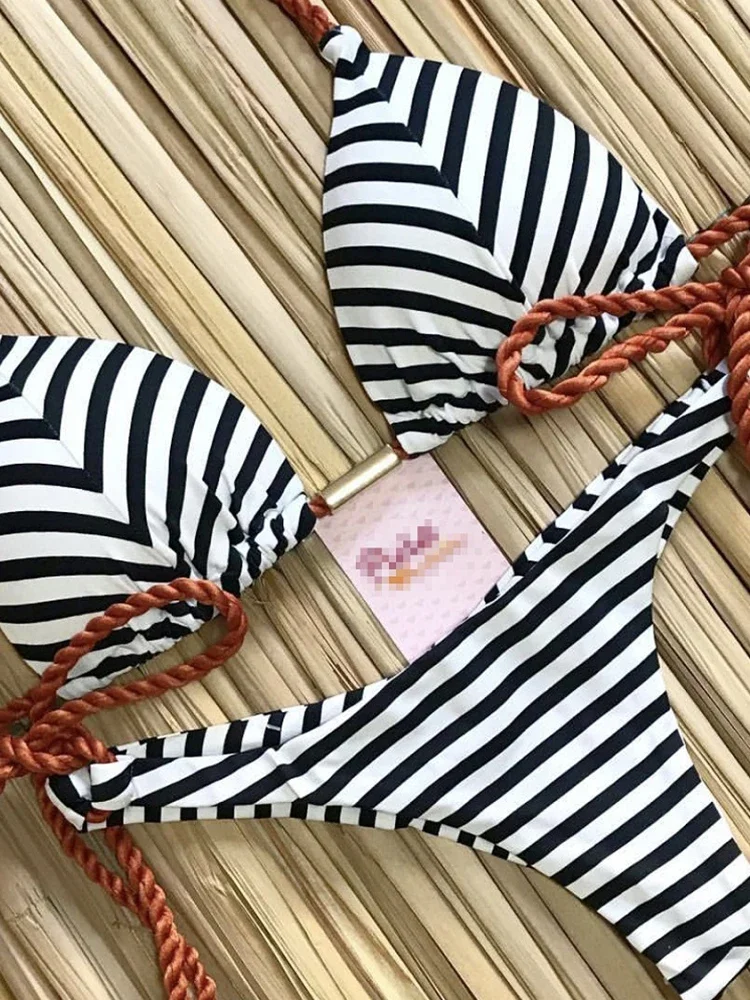 

RUOTONGSEPT 2022 Striped Bikini Set Knotted Swimsuit Women Biquinis Beach Sexy Thong Swimwear Bandage Brazilian Mirco Bikinis