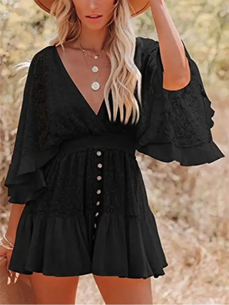 Biała koronkowa tunika Sexy Deep V Neck Button Bikini Cover-ups Odzież damska 20223 Summer Sexy Ruffles Long Sleeves Mini Dress A1132