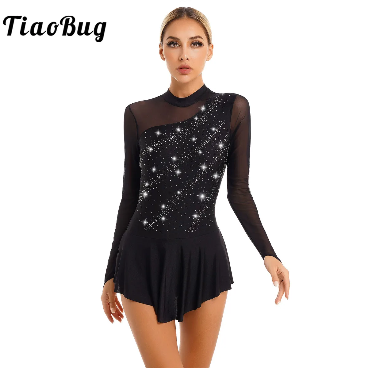 Womens Rhinestone Figure Ice Skating Dress Gymnastics Leotard Dress Long Sleeve Mesh Splice Competition Dance Costume