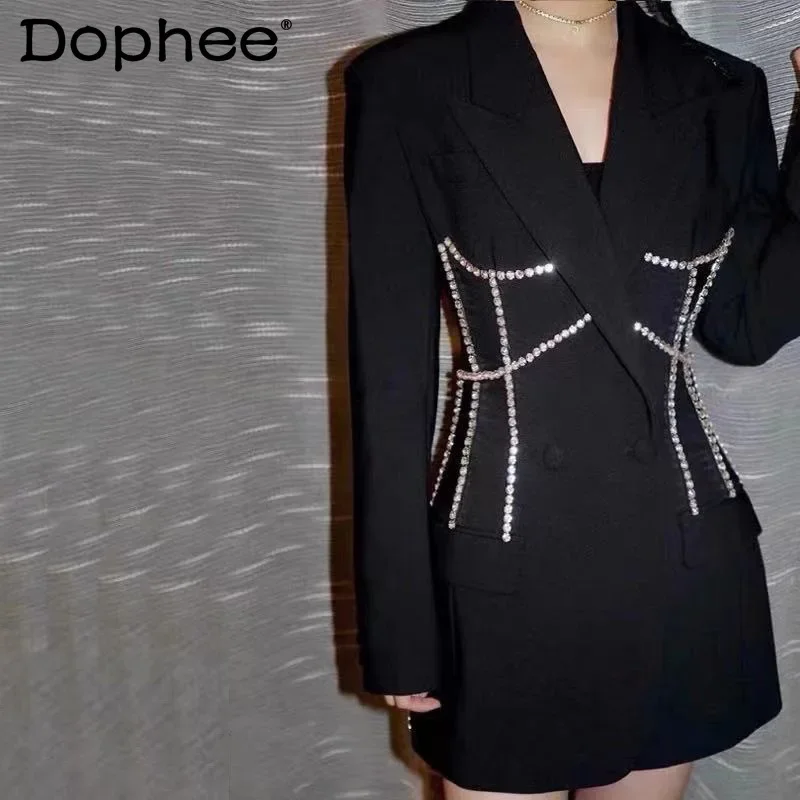 2022 Spring Heavy Light Rhinestone Office Ladies Suit Coat Women Mid-Length Fashion Slim Waist Black White Short Blazer Dress