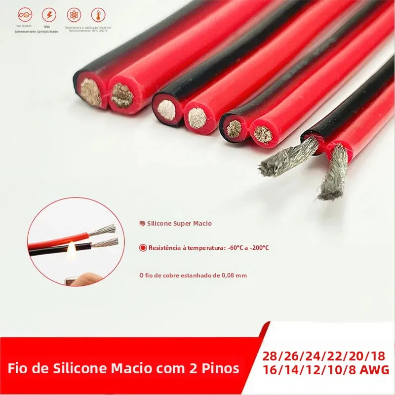 Cabo de silicone super macio, preto e vermelho, 2 pinos, para luzes led automotivas, fio de cobre de alta temperatura 28 26 24 22 20 18 16 14 12awg