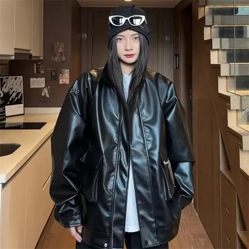 Jesienny Trend Damski Skórzany Płaszcz Retro Moda Damska Sztuczna Skóra Odzież Wierzchnia Damska Wysokiej Jakości Kurtka Motocyklowa z PU