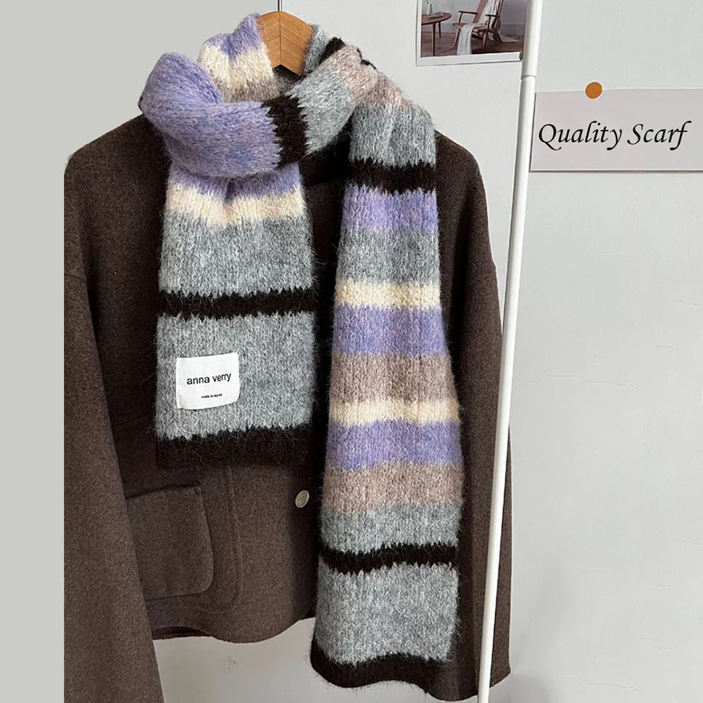 Fashion Contrast Colors Stripes Knit Mohair Scarf Long Thick Warm Winter Wool Blends Neckerchief Unisex Shawl Lovers Gifts