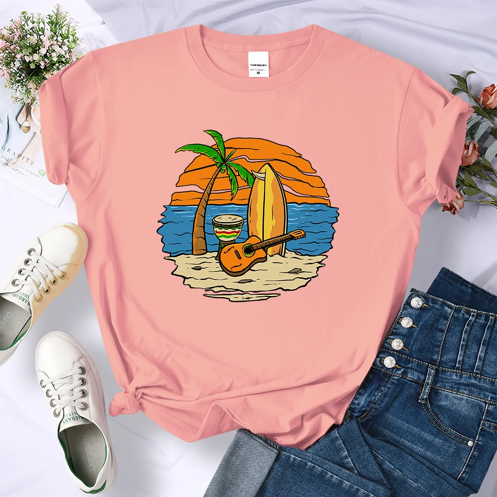 Guitar And Surfing Board T-Shirt Female Summer Fashion Crop Top Sport Casual Tops Clothing Street Harajuku Korean T Shirt New