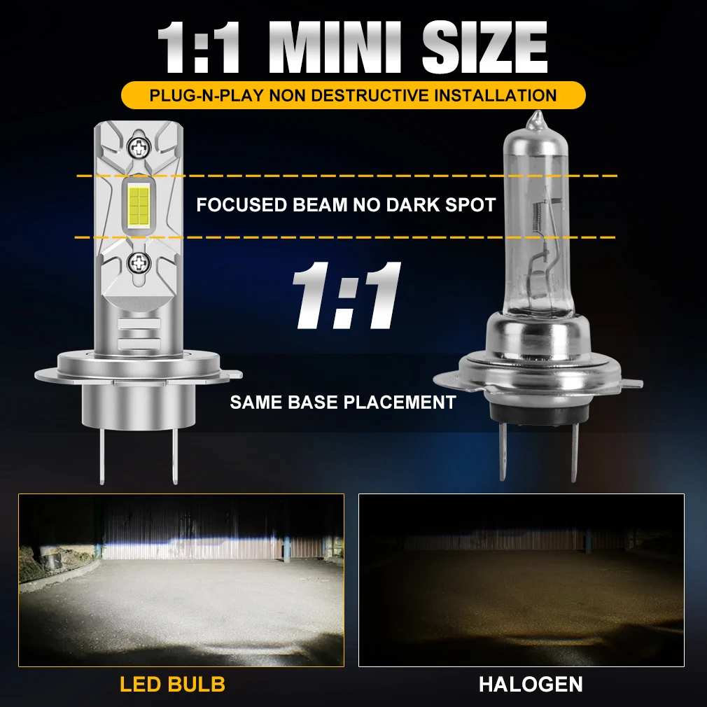 Car H7 LED Headlight Bulb 30000LM Super Bright Fanless Auto Lamp 12V 6000K Plug&Play CSP Chips Auto Turbo Headlamp