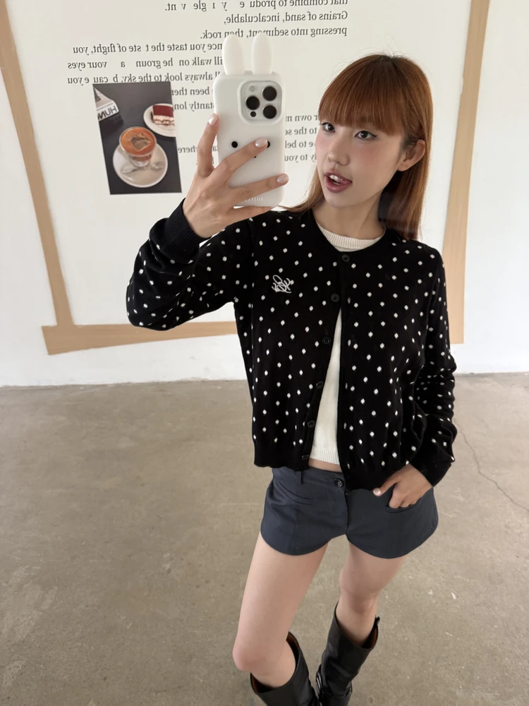 

Retro Polka Dot round Neck Knitted Sweater Base Layer Fake Two-Piece Women's Slim Fit Open Cardigan Long Sleeve Cotton Casual...