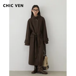 CHIC VEN Women's Overcoat Single Breasted Loose New Long Coat Stand-up Collar Female Topcoat with Belt Autumn Winter 2024