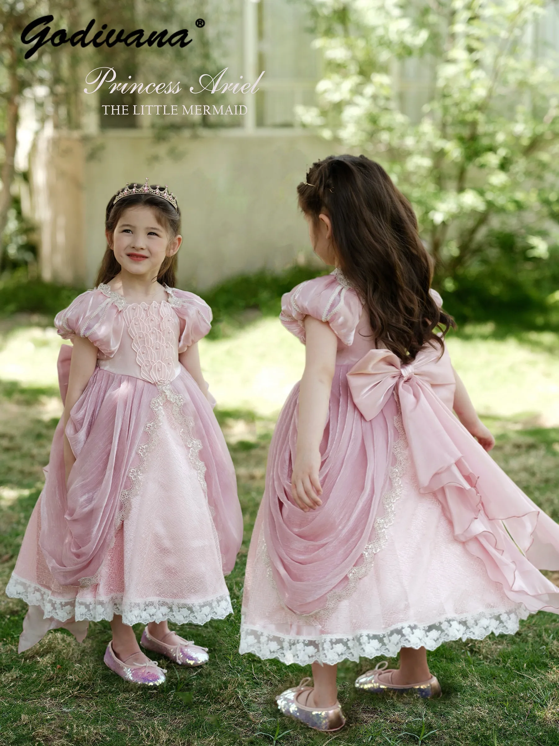 Baby Girls Sweet Spring and Summer New Pink Princess Dress Kids High End Heavy Luxury Seashell Bubble Sleeve Bow Train Dresses