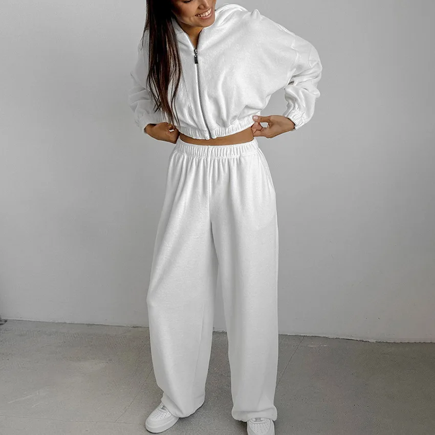 

White sports hooded sweater trousers set 2026 design sense casual velvet two-piece set