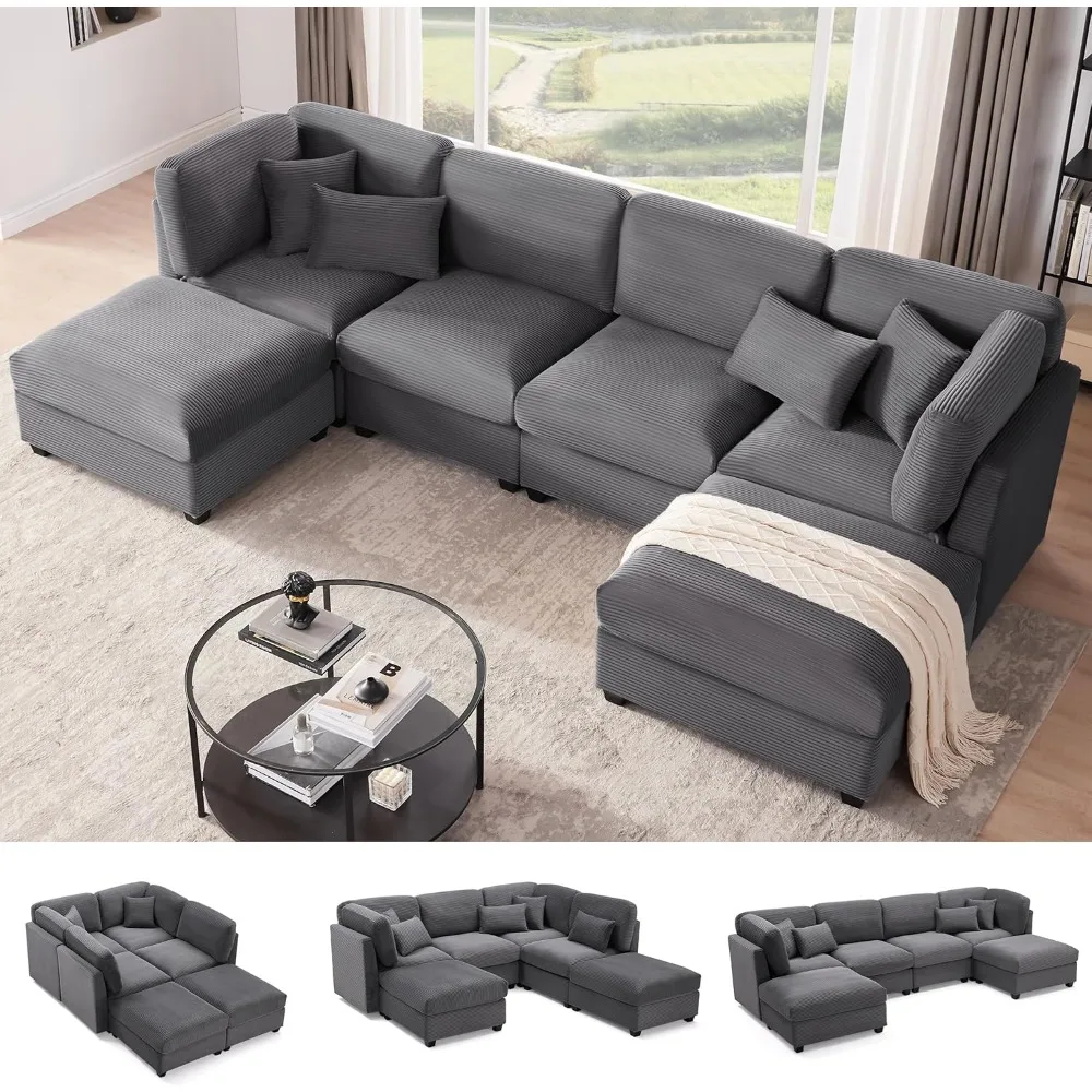 

125 Inch Oversized Corduroy Modular Sectional Sofa, U Shaped Modular Couch with Storage, 6 Seat Convertible Corduroy Couch, Comf