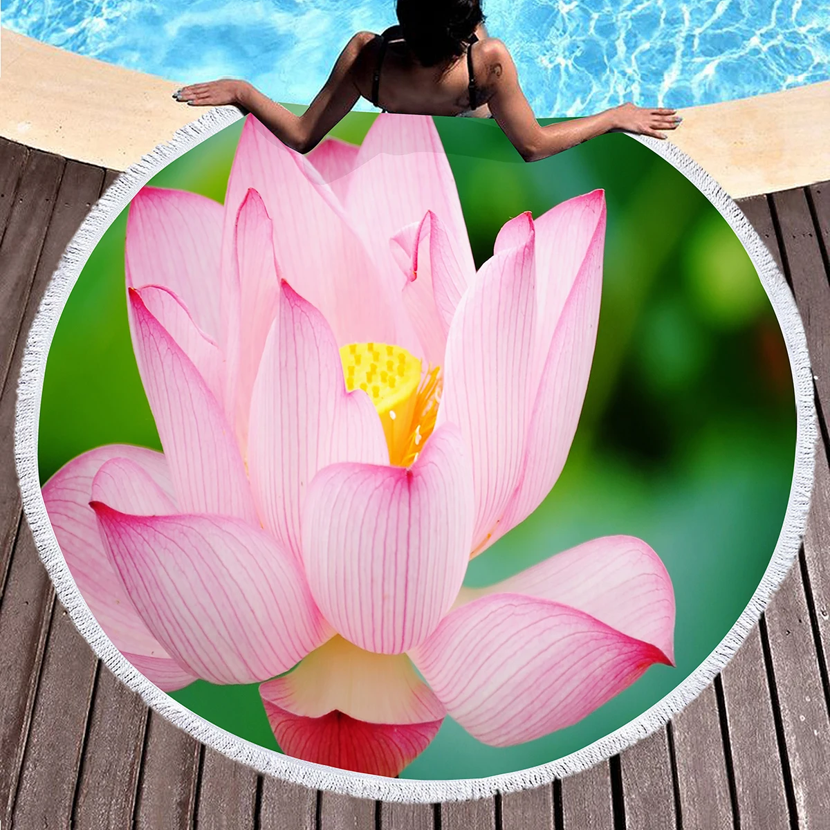Lotus Pattern Round Beach Blanket, Microfiber Quick Dry Towel with Tassels for Picnic Bathroom Pool Surfing Outdoor Meditation
