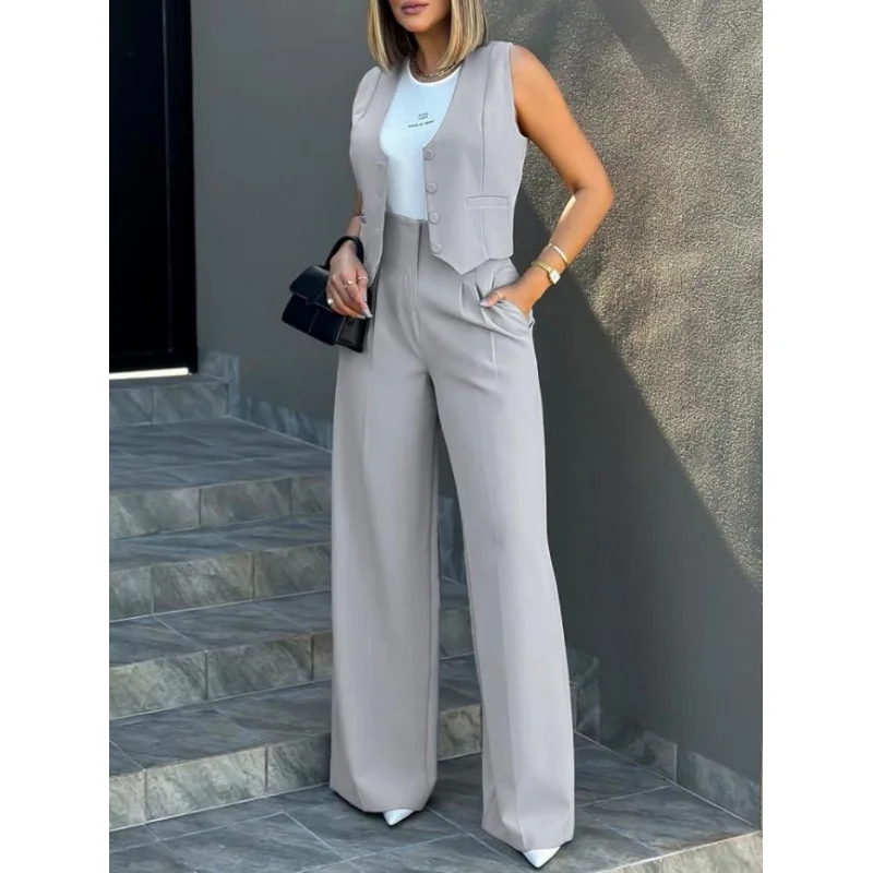 2024Europe and America Cross Border Foreign Trade New Fashion Suit Vest Jacket Wide Leg Pants Casual Suit