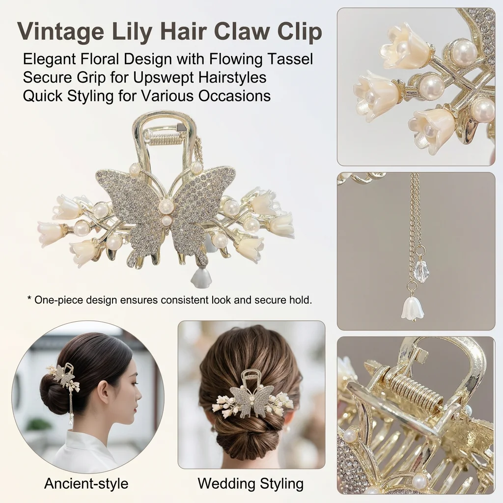 Lily of Valley Tassel Hair Claw Clip Women Vintage Alloy Plated Gold Anti Slip Twist Updo Styling for Wedding Party Daily Wear view 5